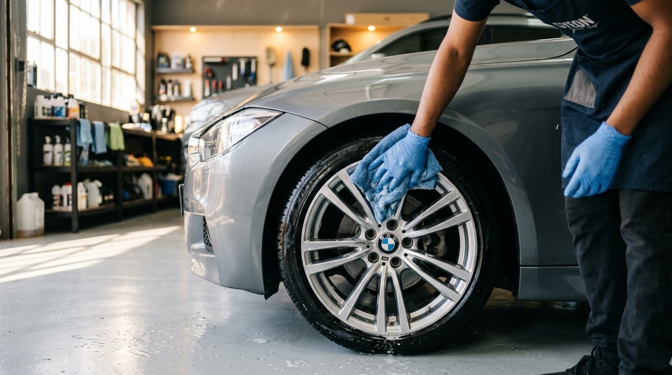 Professional detailer hand-washing alloy wheel with microfibre cloth at Speedline Mags workshop