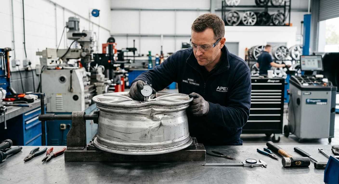 Technician inspecting a buckled alloy rim on a workbench at Speedline Mags wheel repair workshop