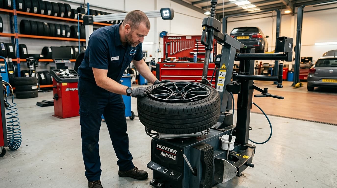 Automotive technician inspecting a buckled alloy wheel at Speedline Mags workshop in Parow, Cape Town