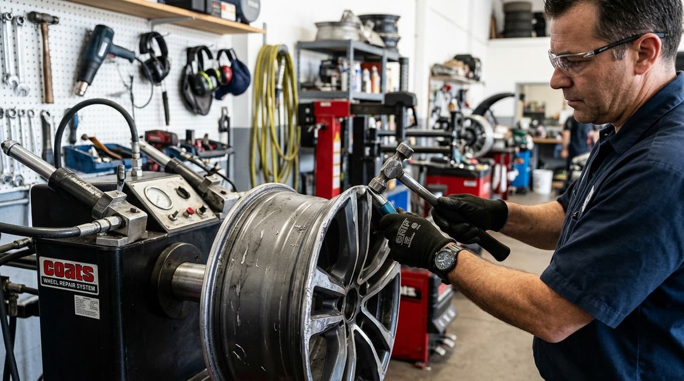 Professional car rim repair being performed at Speedline Mags workshop in Cape Town