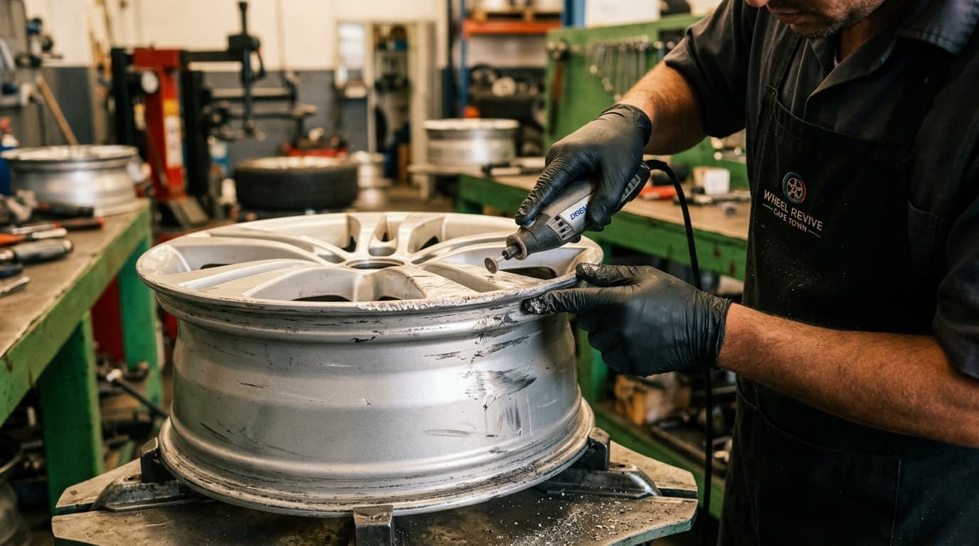 Technician performing professional curb rash repair on an alloy wheel at Speedline Mags in Parow, Cape Town