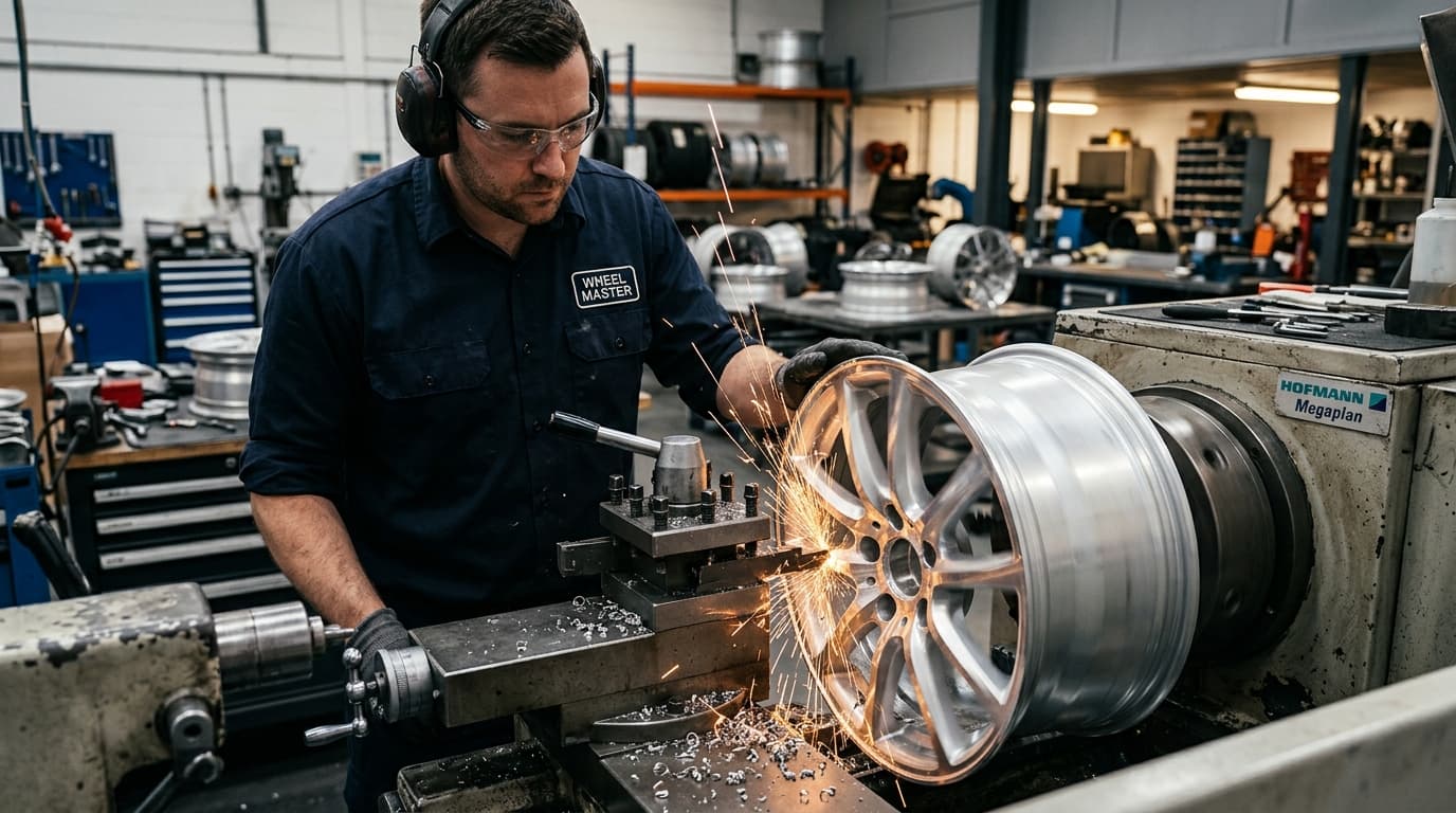 Professional technician diamond cut machining an alloy wheel on a CNC lathe at Speedline Mags workshop