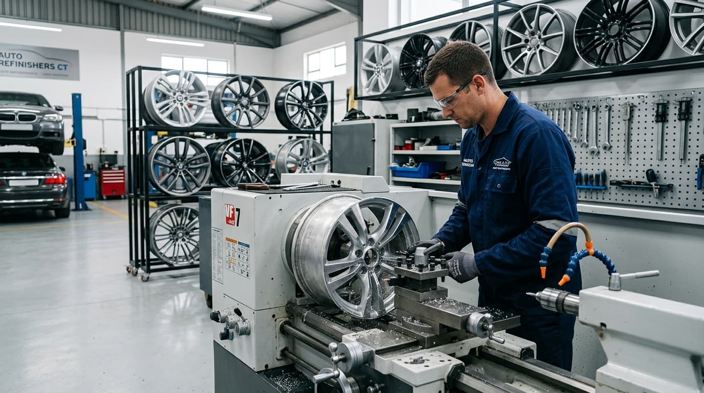 Professional mag repairs being performed on an alloy wheel at Speedline Mags in Parow, Cape Town