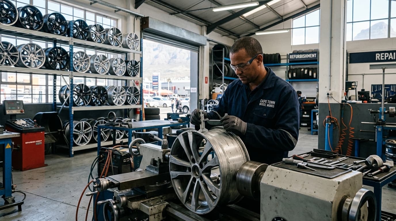 Professional mag rim repair being performed at a specialist wheel workshop in Cape Town