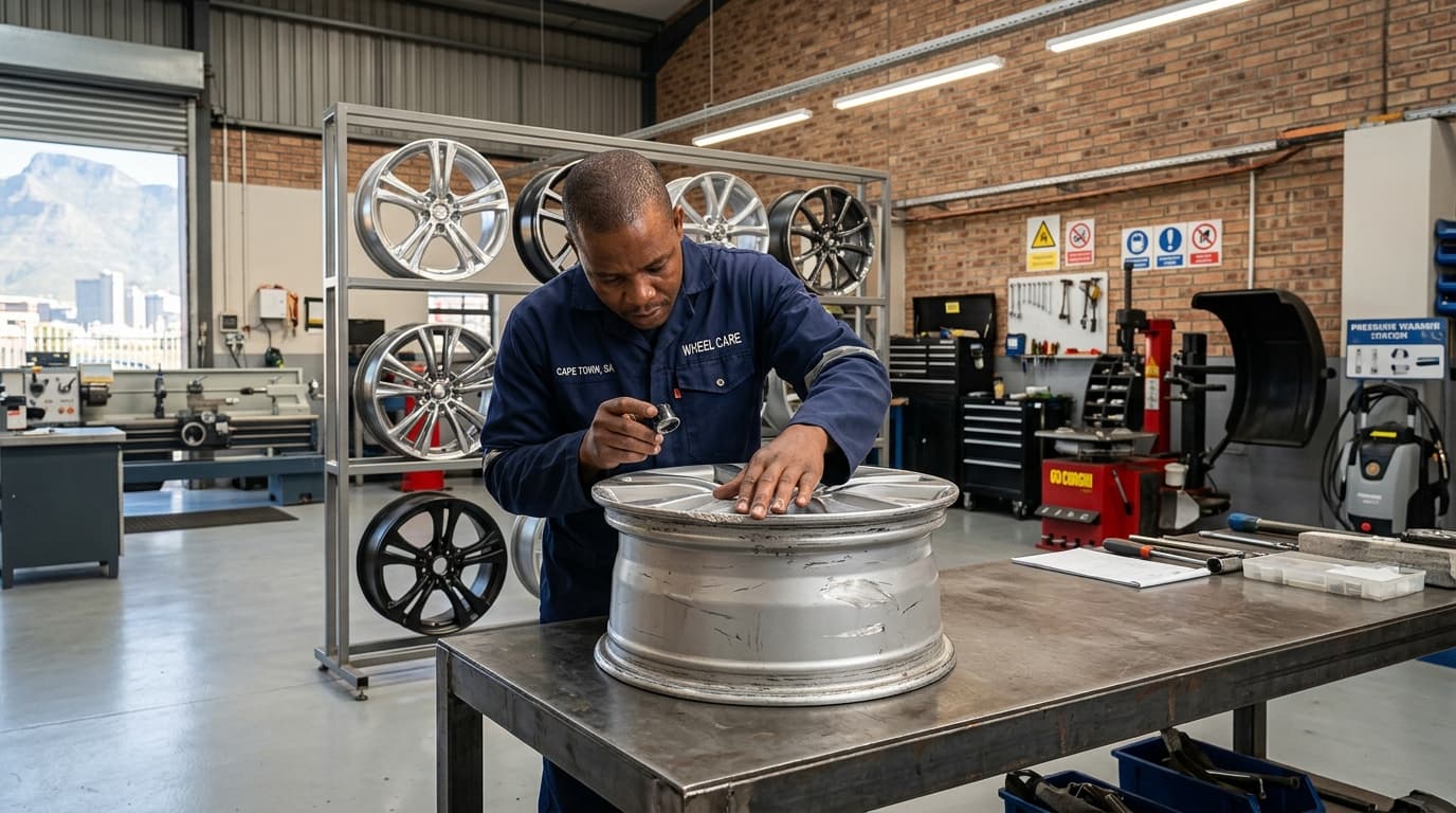 Professional mag wheel repair technician inspecting alloy rims at Speedline Mags workshop in Cape Town