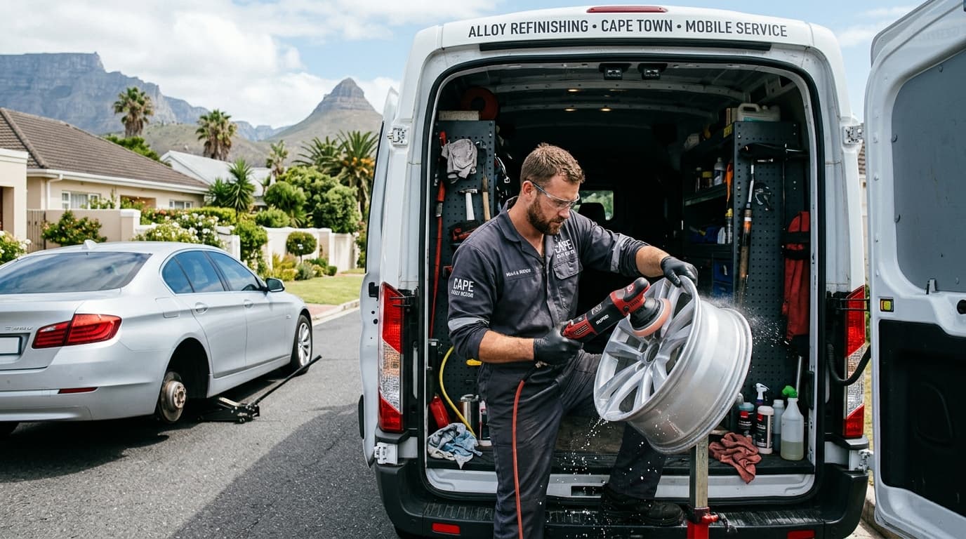 Professional technician performing mobile alloy wheel refurbishment on a silver rim in Cape Town - Speedline Mags service