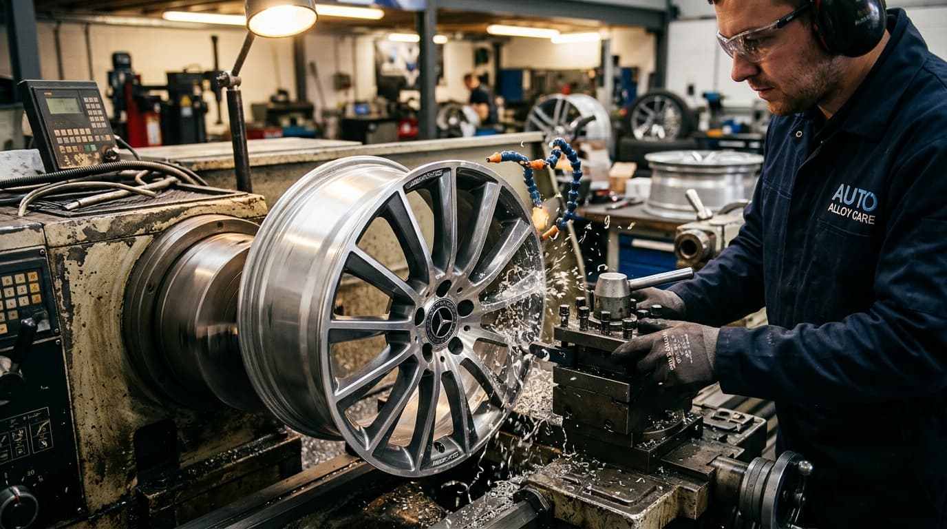 Technician performing diamond cut alloy wheel repair on a CNC lathe at Speedline Mags workshop