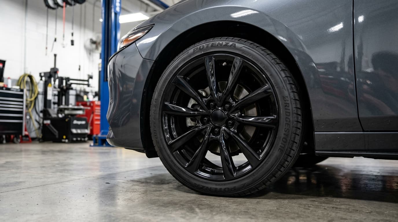 Glossy black painted alloy wheel on a modern car at Speedline Mags workshop