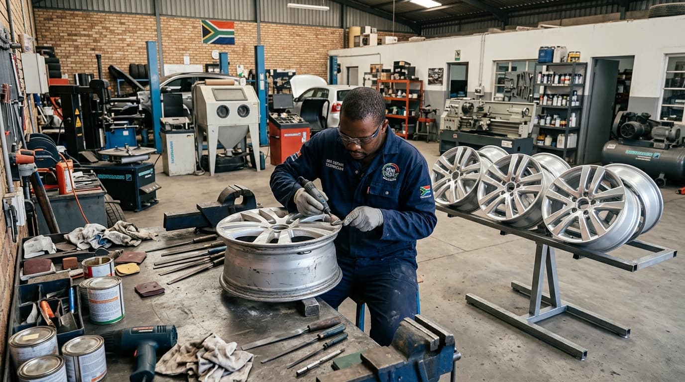Professional technician performing rim repair and alloy wheel restoration at Speedline Mags workshop in Cape Town