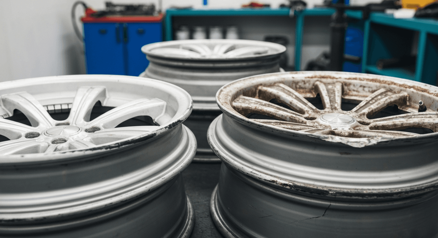 Multiple alloy wheels showing different types of damage including curb rash, cracks and corrosion at Speedline Mags workshop